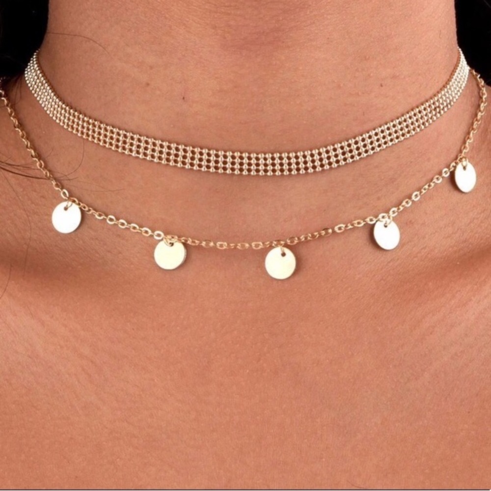 New Gold tone double chain coin choker